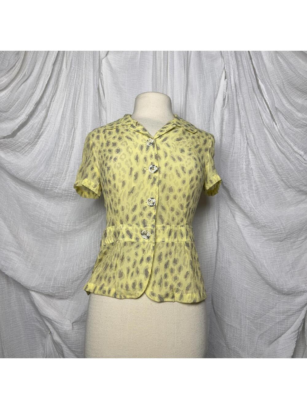 Vintage Y2k Indie Yellow Leopard Print Button-Up Blouse Size 38